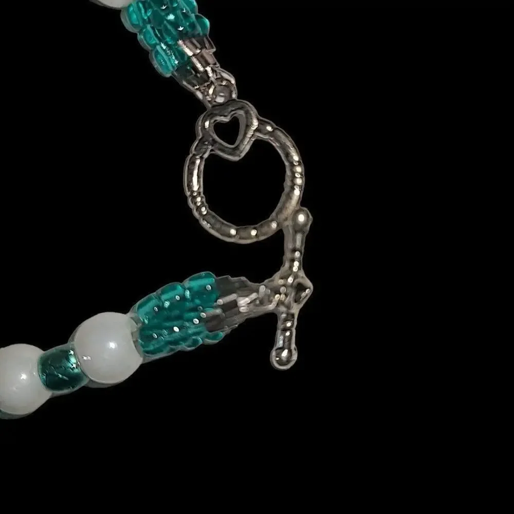 Teal Green & White Heart‎ Glass & Acrylic Bead 16